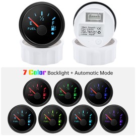 Fuel Indicator, Fuel Level Indicator 52 mm 0-190 Ohms with 7 Colours Backlight and Alarm LED Universal for Car Boat