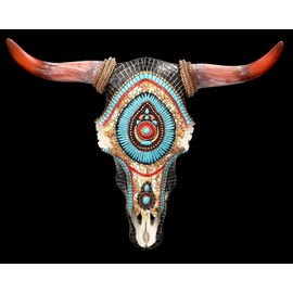 Figuren Shop GmbH Wall Decoration Skull Bison with Western Mosaic 33 cm Large - Relief with Horns | Trophy Head Cow Longhorn Bull Buffalo Skull Indian Cowboy USA Decoration