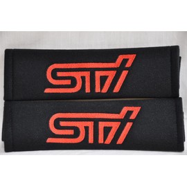 2 pcs (1 PAIR) STI Embroidery Seat Belt Cover Shoulder Pads (Red on Black)
