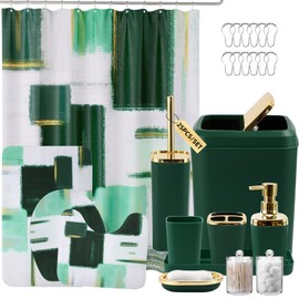 XLHOMO Bathroom Set - Dark Green and Gold Bathroom Accessories Set, Bathroom Sets with Shower Curtain and Rugs, Green Shower Curtain Set with Bathroom Trash Can, Soap Dispenser, Soap Dish for Home