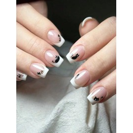 24-Piece Press On Nails, Lots of Patterns, Shapes and Colours, with Nail File and Tape - Reusable - Luxury (French - With Cat Designs - Square)