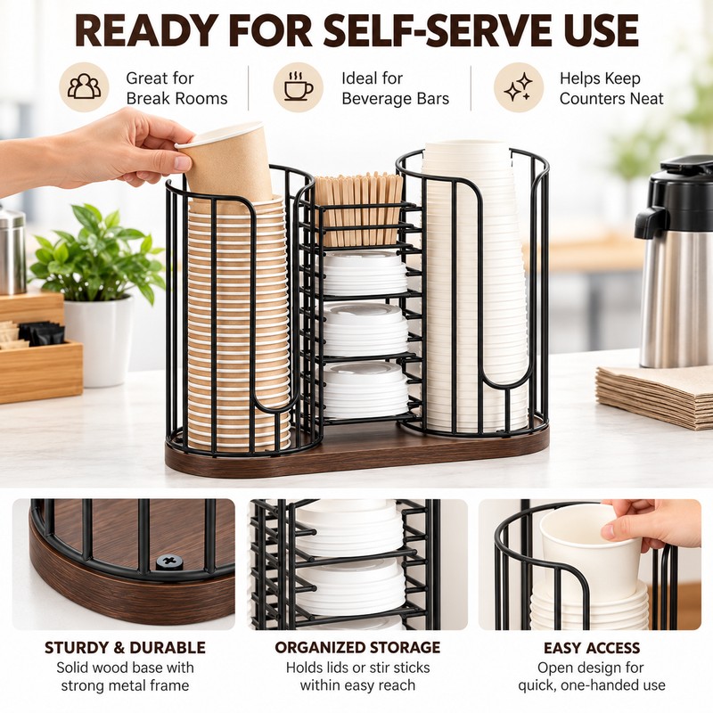 3 Compartment Coffee Cup Organizer with Lid and Straw Holder,