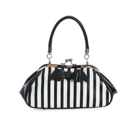 Banned Stripe Handbag Faux Leather Bat Bow Night of Mystery Stripy Gothic, White, One Size