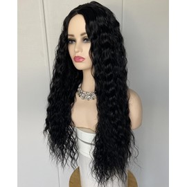 Fencca Long Curly Wigs for Women Black Soft Synthetic Wig 24inch Middle Part Layered Curly Wig