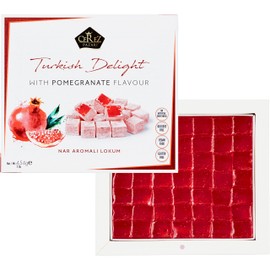 Turkish Delight Pomegranate Flavor, Gourmet Medium Size Snacks Gift Box, Sweet Luxury Traditional Confectionery, Vegan Soft Candy Dessert Loukoumi, Nuts & Glucose-Free Lokum, Approx. 42 Pcs, 16 oz.