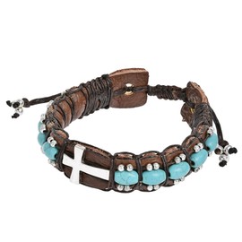 Inspirational Cross with Simulated Turquoise Stones Leather Cuff Bracelet