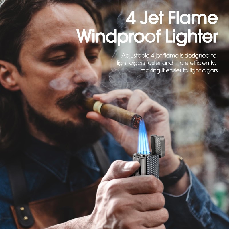 USEWIRE Cigar Lighter and Ashtray Set, Quad Windproof Jet Flame,