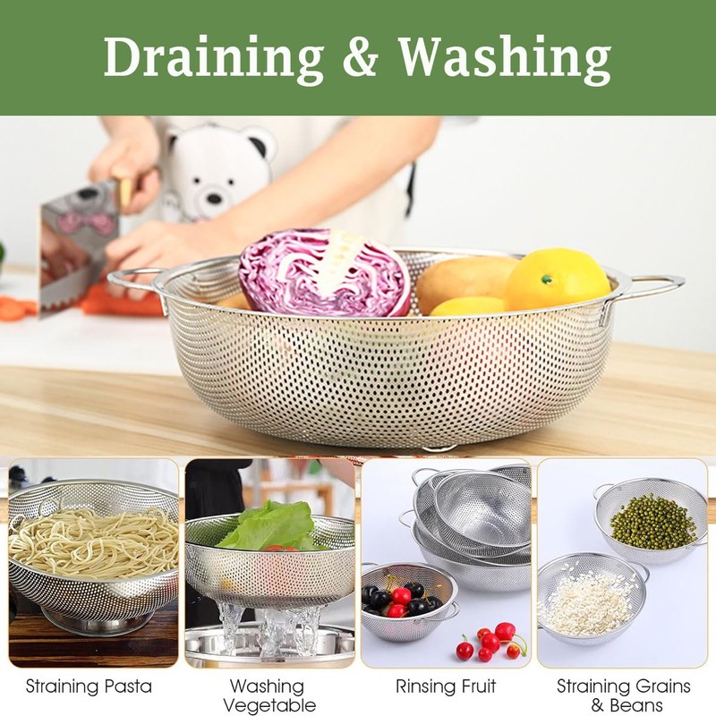 Set of 3 Stainless Steel Colander, 1/3/5Quart, Metal Sink Colander