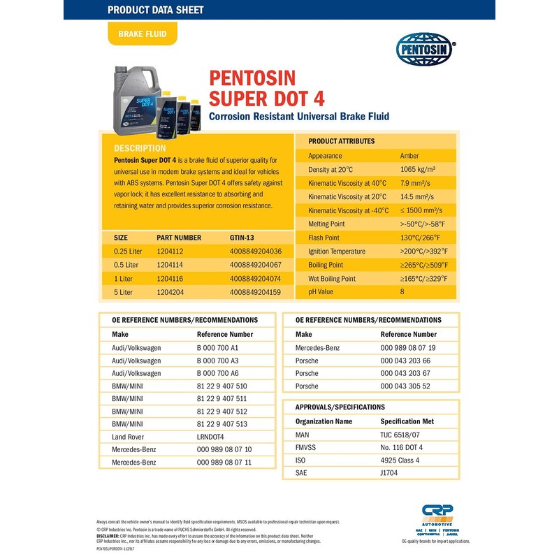 Pentosin 1204116 Corrosion Resistant Super Dot 4 Brake Fluid, 1