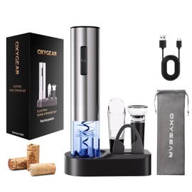 6-In-1 Rechargeable Electric Wine Opener, Stainless Steel Automatic Wine Opener with Foil Cutter, Aerator, Vacuum Stopper & Base, 60 Bottles per Charge, Ideal for Home Bar Outdoor Gift Giving, Sliver
