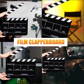 BOLLUMA Acrylic Plastic Clapper Board, 12 x 10 Inch Director Film Clapboard Easy Cut Action Scene Slate Board with Pen and Blackboard Eraser for Film Video TV Show Studio Live, Black