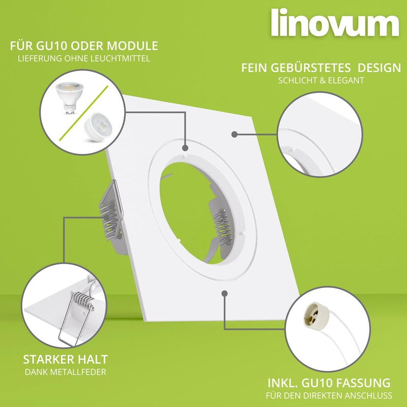 linovum Recessed Spotlight GU10 Mounting Frame White Square Rigid Including