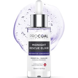 Face Oil, Midnight Rescue Elixir Face Oil Serum 30ml by Procoal - Anti Ageing Face Serum For Soft, Supple, and Glowing Skin, Rosehip Face Oil, Evening Primrose & Squalane, Made in UK