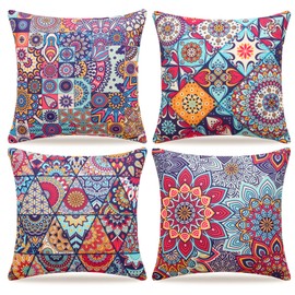 4 Pack Throw Pillow Covers 18x18 inch Vintage Decorative Pillowcases Farmhouse Square Mandala Boho Outdoor Cushion Covers for Sofa Patio Garden Living Room