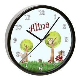 CreaDesign Children's Wall Clocks Silent Clock with (Desired) Name Children's Clock Cool Decoration for Children's Room Ideal for Girls and Boys Forest Animals Motif
