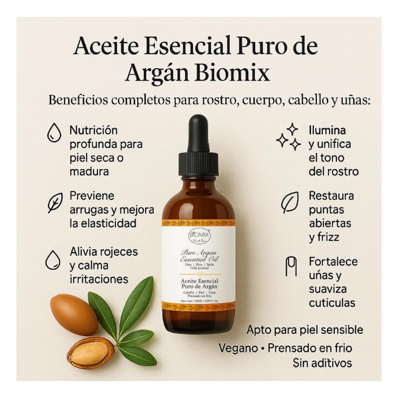 Biomix Aceite Argán Orgánico 100 Puro Prensado Frío Marruecos Cabello