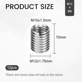 EXLECO 12 x Thread Insert M12 to M10 15 mm Screw Nut with Cutting Slot Threaded Sleeve Threaded Bushing Stainless Steel Thread Repair Kit Female M10 x 1.5 mm Male M12 x 1.75 mm for Wooden Furniture