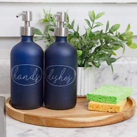 Cornucopia 16oz Glass Pump Bottles (Set of 2, Blue w/Silver; Soap Dispenser Pump Bottles with Brushed Metal Pump Tops