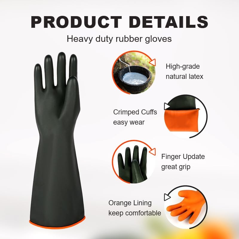 Heavy Latex Chemical Resistant Gloves - Reusable Long Rubber Dishwashing