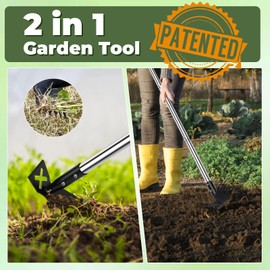 NICOFPHY Weed Puller Tool with Long Handle, 60" Manual Weeding Tools Gardening, 2 in 1 Hand Weed Rake and Hoe Garden Weeder Tool, Uprooting Pulling Weed Remover Tool for Yard, Patio, Lawn and Garden