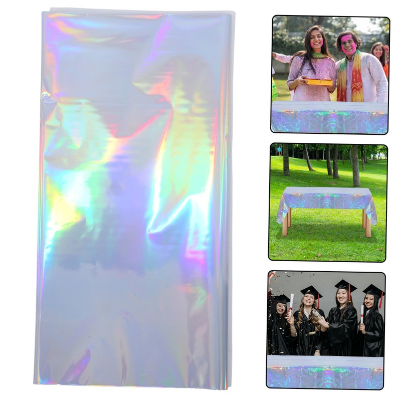 DOITOOL 4pcs Iridescent Plastic Tablecloths Holographic Foil Rectangle Covers Easy