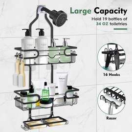 Lawhood-Mijin Shower Caddy Hanging, Over Head Shower Caddy Shower Storage Rack Basket with Hooks for Razor and Sponge Rustproof, No Drilling, Accessories for Bathroom and Kitchen, Black2