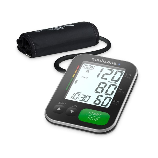 Medisana BU 570 connect upper arm blood pressure monitor, arrhythmia display, Bluetooth, WHO traffic light color scale for precise blood pressure measurement and pulse measurement with memory function during inflation