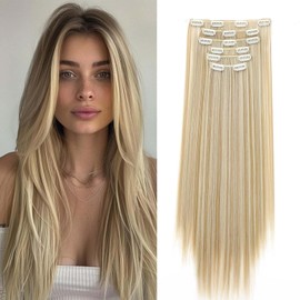 Gairyan 58 cm Clip-In Extensions, Straight, Long, 6 Pieces, Synthetic Hair Extensions, Clip-In Hairpiece, Hair Extensions, Straight for Women, Natural Blonde & Bleach Blonde