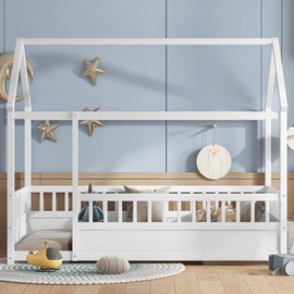 Twin Size House Bed with High Fence for Kids,Twin Floor Bed Frame, Kids Montessori Bed Twin Size,Solid Wood House Bed Frame for Boys,Girls,White