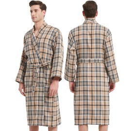 UTJZIB Men's Robe-Polyester Flannel Ultra-Lightweight Bathrobe for Unisex,Scottish Plaid Style Shawl Collar Bathrobe, Khaki Pilad, One Size
