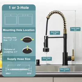 GIMILI Black and Gold Kitchen Faucet with Soap Dispenser Single Hole Pull Down Sprayer LED Faucet, Suitable for Farmhouses, RV, Laundry Room, Outdoor, and Campers. Llave para fregadero de cocina