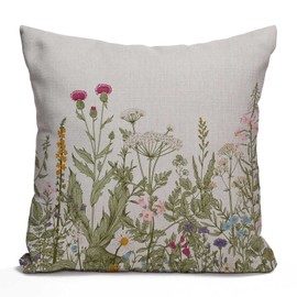 Tomda Floral Cushion Cover 45x45cm 18x18 Inch, Vintage Green Floral Flower Botanical Cotton Linen Pillow Cover for Home Sofa Chair Decor Farmhouse Pillow Case