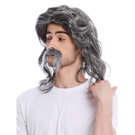WIG ME UP - 91098-ZA63/ZA103 Men's Moustache Wig Long Old Gaul Germane Bard Prolet 70s Mullet Grey Mottled
