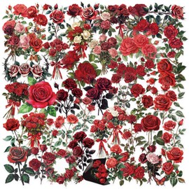 Retro Red Rose Stickers (50Pcs) - Transparent Floral Gold Foil Scrapbook Supplies for Vintage Journaling, Card Making, Wedding Albums & Craft Projects, Elegant Decorative Embellishments for Adults