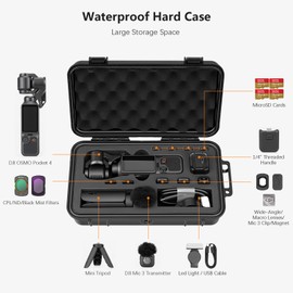 AMAZEAR Waterproof Hard Case Compatible with DJI OSMO Pocket 4 / Xtra Muse, Pocket4 Creator Combo Accessories Small Hard Shell Cover Travel Box for Carrying, Protection, Storage, Organization, Black
