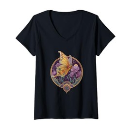 Womens Enchanted Garden Butterfly with Moon Accent V-Neck T-Shirt