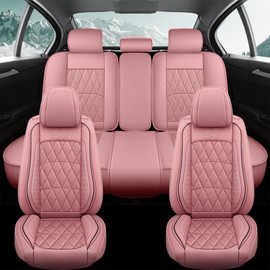 otoez Car Seat Covers Full Set, 5 Seats Faux Leatherette Automotive Seat Covers Protector Universal Fit for Most Sedan SUV Truck Waterproof Vehicle Cushion Cover (Pink, No Pillows)