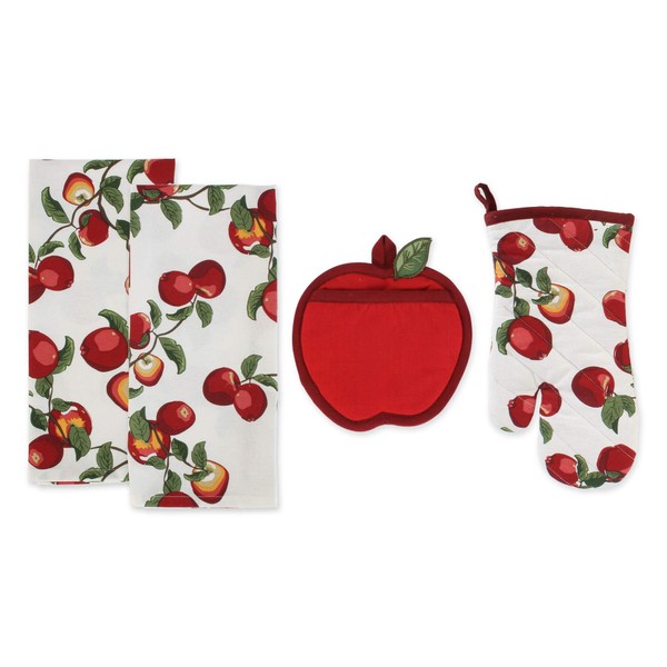 DII Kitchen Gift Set Collection, Pot Holder, Oven Mitt & 2 Dish Towels, Apple Orchard, 4 Piece