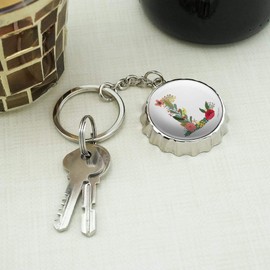 Letter L Floral Monogram Initial Keychain Chrome Plated Metal Pop Cap Bottle Opener