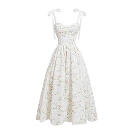 GORGLITTER Women's Floral Print Bow Tie Flowy Dress Backless Summer Easter Prom Midi Sundresses Wedding Guest Dresses White Small