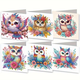 MaiYiYi 6 Pack DIY Owl Diamond Painting Greeting Cards Kit, Bird Diamond Art Greeting Cards, Rose Bird Diamond Painting Cards for Family Friends Holiday Birthday