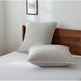 Simple&Opulence 100% Linen Euro Shams with White Trim Inserted Edges, 26"x26" Home Decorative Pillow Cover Set of 2, Basic Style Pillow Shams, Light Grey