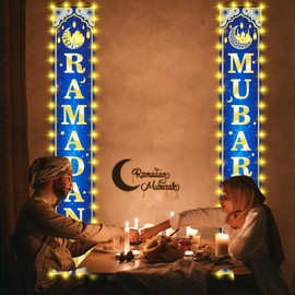 GERMISHUYS Ramadan Mubarak Banner with Light, Ramadan Mubarak Decorations Lighted Front Door Banner Eid Moon Decoration, Ramadan Eid Mubarak Party Supplies, Blue