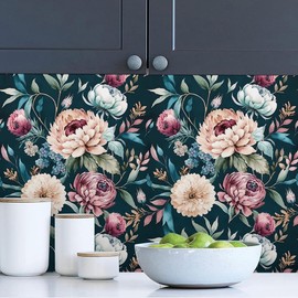 VistaPalette Vintage Pink Peony Floral Rose Dark Green Plant Leaf Purple/Yellow Peel and Stick Wallpaper Wall Decor Self Adhesive Wall Paper Stick on Easy Peel Off Contact for Renter Apartment
