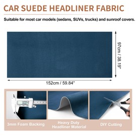 INFINAUTO Suede Fabric 160g Headliner Fabric 60" l x 38" W Interior Trim DIY Roof Repair Replacement Foam Backing for Car Truck RV SUV Automotive Blue 1 Pc