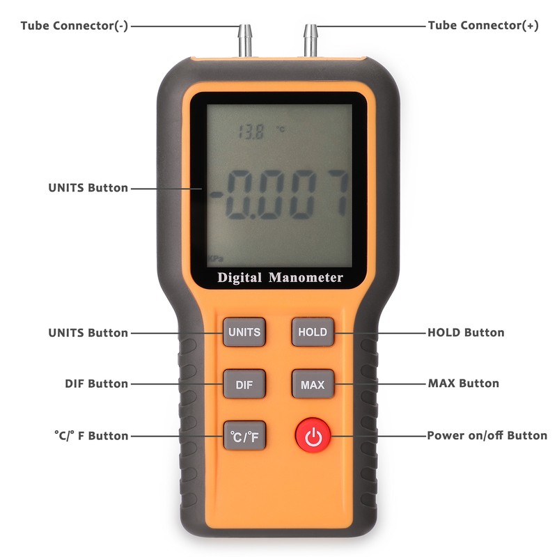 Digital Manometer LCD Display ℃ ℉ Switchable 12 Pressure Units