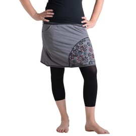 Vishes - Alternative Clothing - Printed and Embroidered Cotton Skirt with Flowers and Trouser Pockets, gray