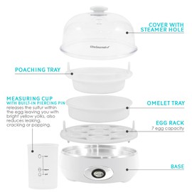 Elite Gourmet EGC700CW# Rapid Egg Cooker, 7 Easy-To-Peel, Hard, Medium, Soft Boiled Eggs, Poacher, Omelet Maker, Auto Shut-Off, Alarm, 16-Recipe Booklet, BPA-Free, Snow