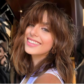 testar 14 Inch Brown Wavy Bob Wigs with Fringe for Women Short Curly Honey Brown Wig Women's Wig Synthetic Wig for Daily Use Colourful Cosplay Wig