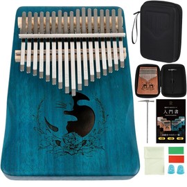 JINSELF Kalimba 17 Keys Beginner Set, Pre-Tuned, Sheet Music, Introduction Book, Case, Finger Sack, Musical Instrument, Thumb Piano, Children, Mahogany, Blue (Cat 17)